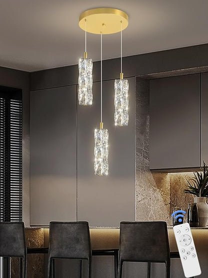 ykolupty 3-Light Gold Chandelier with Dimmable Ceiling Light Crystal Pendant Light for Kitchen Island, Dining Room, Living Room, Entry Hallway