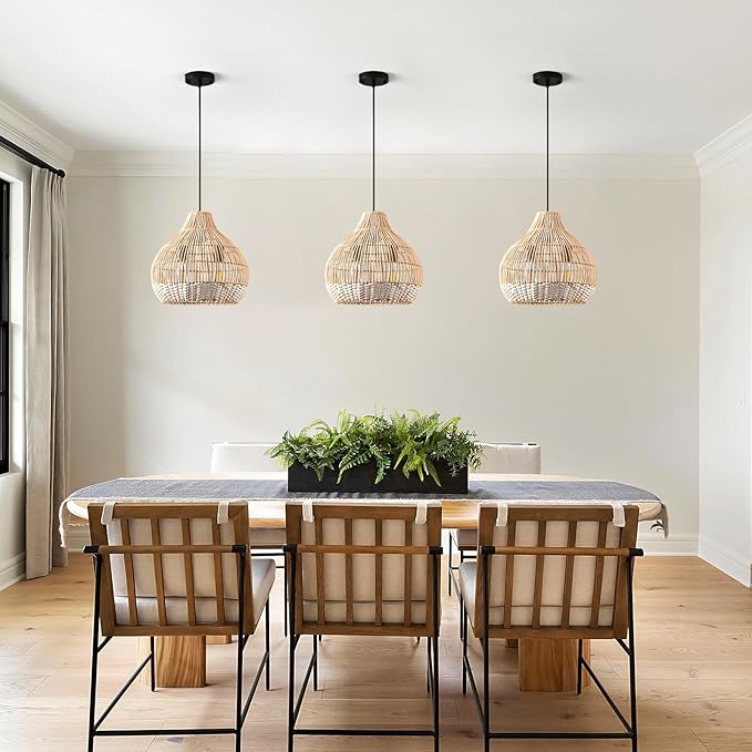 Boho Pendant Lights Kitchen Island 14.6in White Rattan Chandelier Beachy Wicker Dining Room Light Fixtures Woven Hanging Ceiling Lighting for Bedroom Breakfast Nook Restaurants Foyer Corridor
