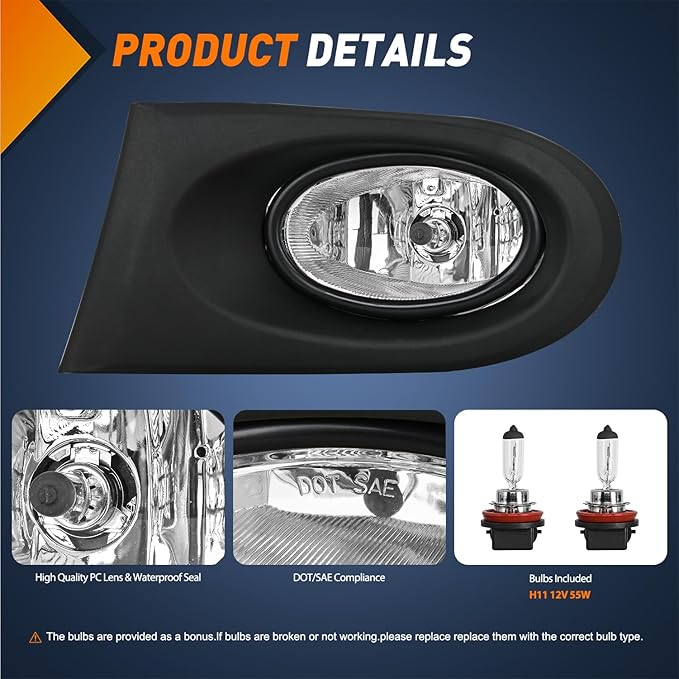 Nilight Fog Lights Assembly Compatible with 2002 2003 2004 Acura RSX Left Driver and Right Passenger Side Clear Lens H11 12V 55W Bulbs