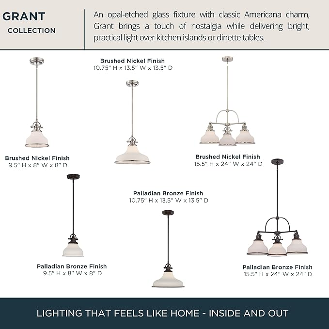 Quoizel Grant 8" Mini Pendant Light, Brushed Nickel with Opal Etched Glass, 13"–48" Adjustable Height for Kitchen Island or Bar