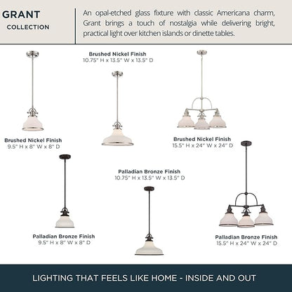 Quoizel Grant 8" Mini Pendant Light, Palladian Bronze with Opal Etched Glass, 13"–48" Adjustable Height for Kitchen Island or Bar