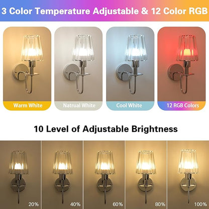 Battery Operated Wall Sconces Set of 2 – 5200mAh Rechargeable Crystal Glass, 15 Colors & 10-Level Dimmable, Wireless Wall Lights for Living Room & Bedroom,Sliver