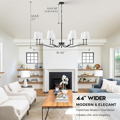 8 Light Black Chandelier with White Linen Shade 44'' Fabric Dining Room Chandeliers Over Table Transitional Living Room Chandeliers for Master Bedroom Entry Hanging Light Fixture Home Office Kitchen
