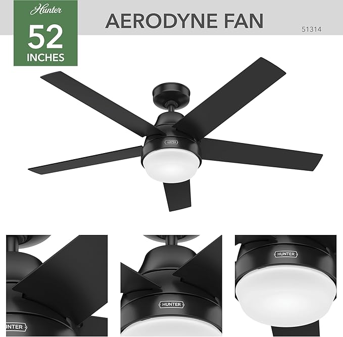Hunter 52 inch Indoor Ceiling Fan with LED Light and Remote Control - Black Modern Smart Ceiling Fan, Standard Mount, 5 Blades, For Bedroom, Living Room, or Kitchen, Quiet- Aerodyne 51314, Matte Black