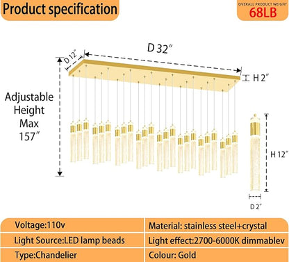 Glam Rectangular Crystal Column Chandelier for High Ceiling 24-Lights Gold LED Dimmable Pendant Light for Kitchen Island Dining Room Entrance Foyer Living Room Adjustable Height