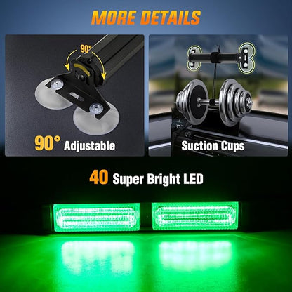Nilight 40LED Green Emergency Strobe Traffic Advisor Light Bar with Suction Cups Dash Safety Warning Hazard Flashing Lights Interior Front/Rear Windshield for Trucks Construction Vehicles