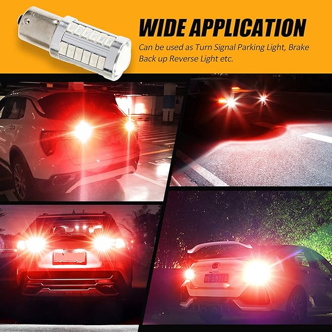Auxbeam 1156 Brake Bulbs, Super Bright Red P21W BA15S Bulbs for Brake/Tail Light, 12V-3030 SMD Chipsets Bulb with Projector, Pack of 2 (Need Resistors)