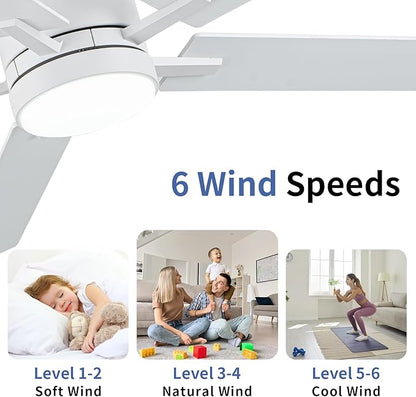 LANMEL 52'' White Ceiling Fans with Lights and Remote, 6 Speed Low Profile Modern Ceiling Fan with Quiet DC Motor for Indoor Outdoor Bedroom Living Room