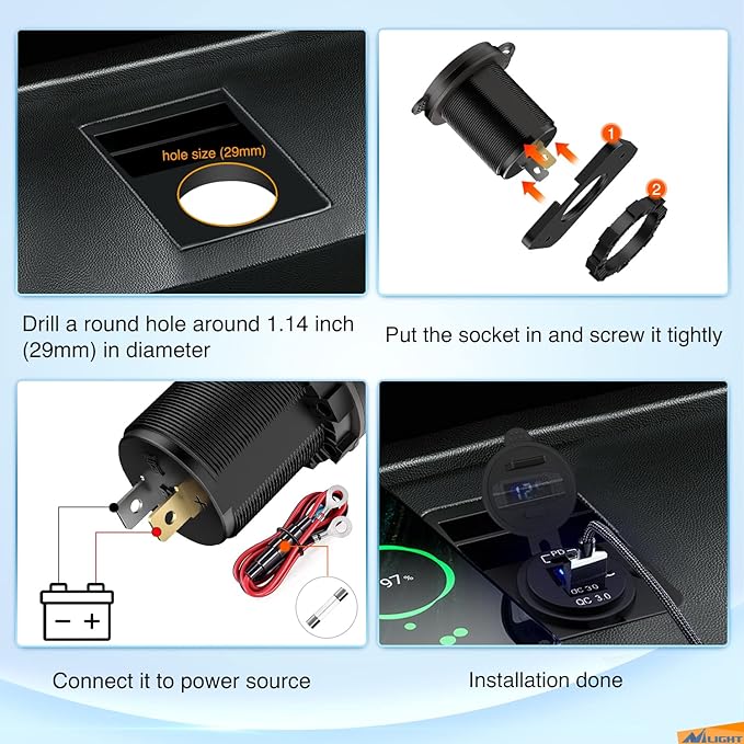 Nilight USB Socket PD Type C and QC 3.0 USB Fast 12V 24V Car Outlet Voltmeter ON OFF Switch Fused Wire Kit Dual Power for Cars Trucks Vans RVs