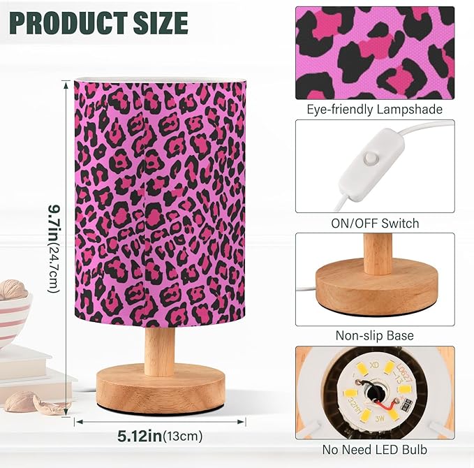 Bedside Table Lamp Pink Leopard Skin Nightstand Lamp with Wood Desk Lamps for Bedroom Living Room Nursery Office Home Decor