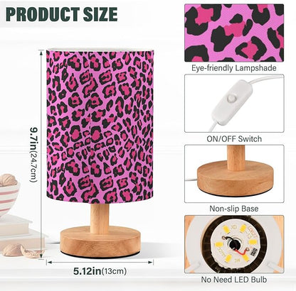 Bedside Table Lamp Pink Leopard Skin Nightstand Lamp with Wood Desk Lamps for Bedroom Living Room Nursery Office Home Decor