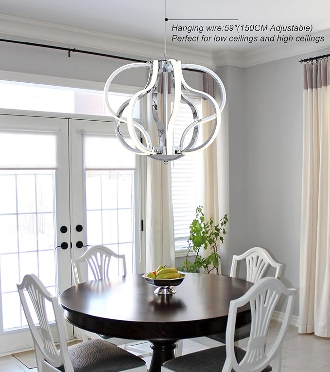 Modern Chrome LED Chandelier with Remote Control, Dimmable LED Chandelier with 3 Color Temperature,8 Lights Hanging Pendant Lights for Dining Room Foyer Entryway Kitchen Living Room