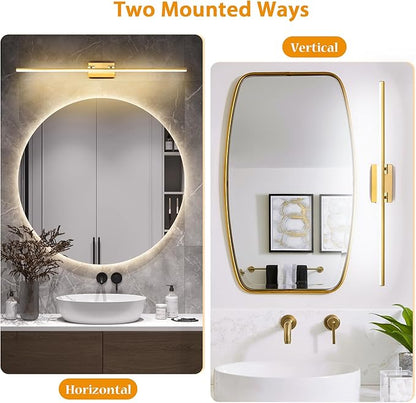 LED Bathroom Vanity Light, Modern Bathroom Light Fixture Over Mirror (3000K/4000K/6000K, Dimmable), Vanity Light Bar with Angle Adjustable, 48 Inch, Brass
