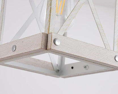 Fivess Lighting Modern Farmhouse Antique White Distressed Pendant Light with Wood and Metal Cage, One-Light Adjustable Chains Rustic Mini Pendant Lighting Fixture for Kitchen Island Cafe Bar