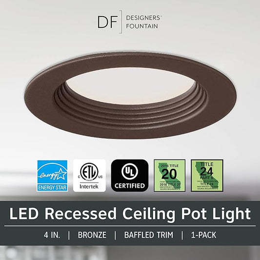 Designers Fountain LED Recessed Ceiling Light, 4 Inch Metal Lighting Fixture, Dimmable, 610 Lumens, 3000K, Bronze Baffle Trim, EVL4733CBZ30