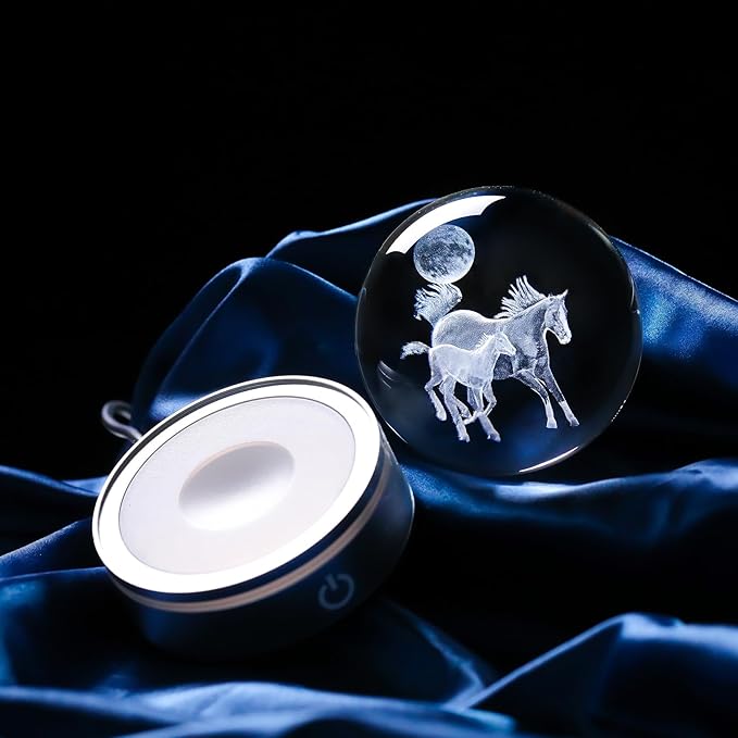 Crystal 3D Moon and Horses 3.15in Ball Figurine Gifts for Men, Collectible Glass Animal Art Sphere for Room with LED Light Base Keepsakes for Horse Lovers Home Decor