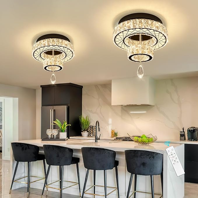 HAIXIANG Modern Flush Ceiling Chandelier Bedroom Light Fixtures Crystal Flat Sloping Ceiling Lights for Hallway Kitchen Dining Room Dimmable Light with Remote Black