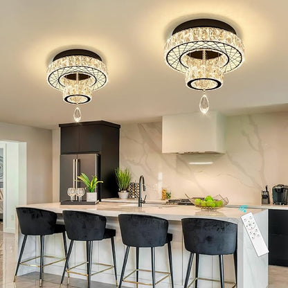 HAIXIANG Modern Flush Ceiling Chandelier Bedroom Light Fixtures Crystal Flat Sloping Ceiling Lights for Hallway Kitchen Dining Room Dimmable Light with Remote Black