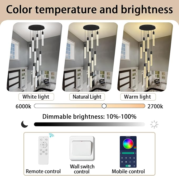 Modern 9-Light Crystal Chandelier – 98" High Ceiling Design Black Dimmable LED Pendant Light for Foyer Living Room Hallway Staircase