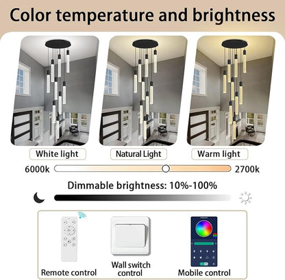 Modern 9-Light Crystal Chandelier – 98" High Ceiling Design Black Dimmable LED Pendant Light for Foyer Living Room Hallway Staircase