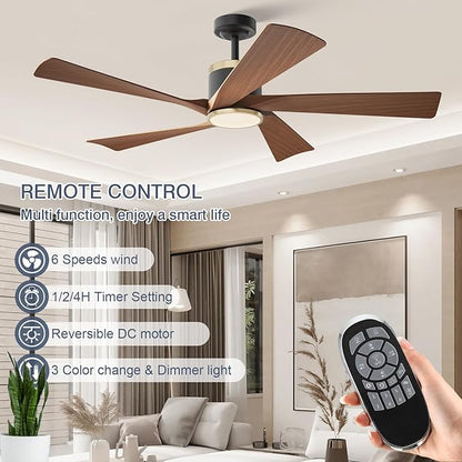 TXCSLY 52'' Ceiling Fans with Lights, Modern Ceiling Fan with Remote Control, Indoor Outdoor Ceiling Fan for Living Room,Bedroom 5 Blade 3 Color Tempearture (Walnut)