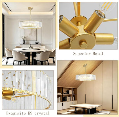 5-Light Gold Crystal Chandelier for Dining Room, Modern Semi Flush Mount Chandelier Lighting Fixtures, Round Kitchen Hanging Drum Pendant Lights Ceiling for Living Room Bedroom Entryway Foyer， 20 Inch