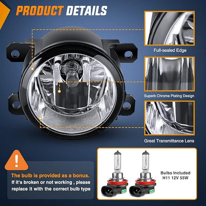 Nilight Fog Lights Assembly Compatible with 2013 2014 2015 2016 2017 2018 2019 2020 Honda City CRV CRZ Civic Crosstour Ram Promaster Jeep Cherokee Compass Acura TSX ILX RDX Chrysler