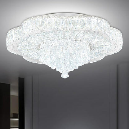 Modern Empire Crystal Chandelier Silver 24inches Crystal Raindrop Ceiling Light for Living Room Bedroom LED Infinity Dimmable 3000-6000K