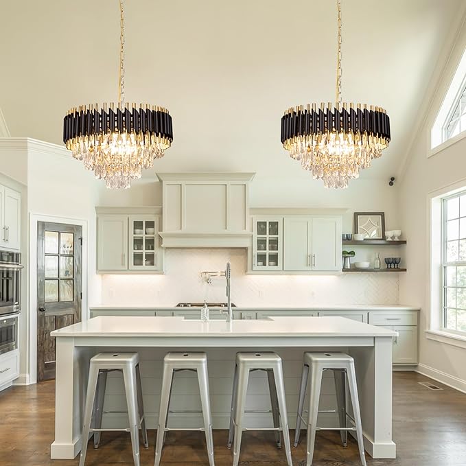 FRIXCHUR Modern Crystal Chandelier 20" Black Flush Mount Led Crystal Ceiling Light 4 Tiers Raindrop Crystal Pendant Light Led Chandelier for Bedroom Dining Room Entryway E12*7(Exclud Bulbs)
