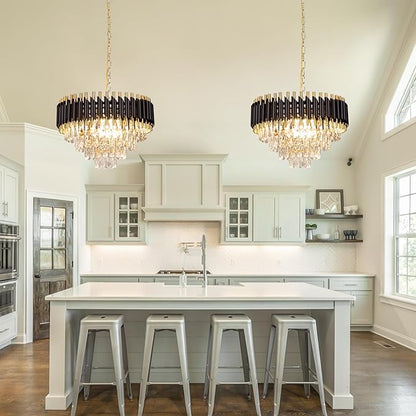 FRIXCHUR Modern Crystal Chandelier 20" Black Flush Mount Led Crystal Ceiling Light 4 Tiers Raindrop Crystal Pendant Light Led Chandelier for Bedroom Dining Room Entryway E12*7(Exclud Bulbs)