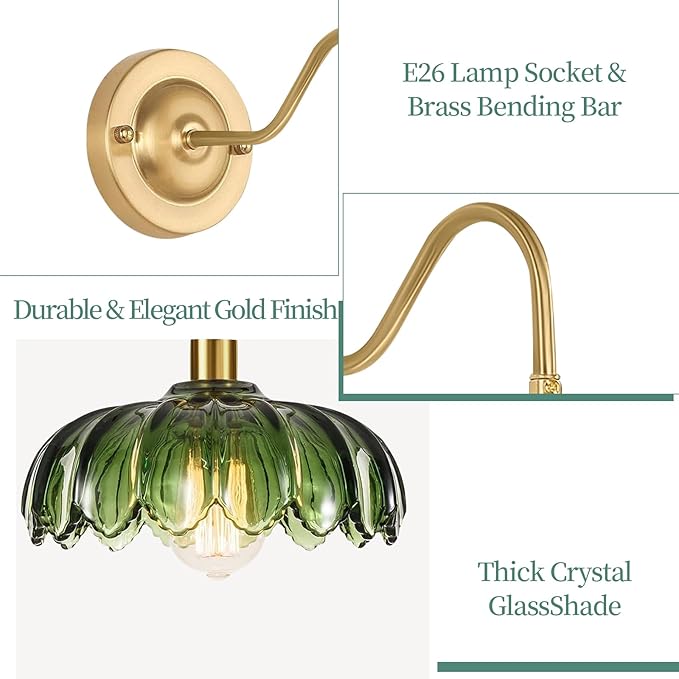 ZECOXOL Vintage Plug in Wall Sconces Set of Two,Dimmable Wall Sconces Lamp with Plug in Cord & Flower Glass Lampshade,Gold Sconces Wall Decor Set of 2 Plug in Wall Lights Sconces for Bedroom