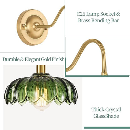 ZECOXOL Vintage Plug in Wall Sconces Set of Two,Dimmable Wall Sconces Lamp with Plug in Cord & Flower Glass Lampshade,Gold Sconces Wall Decor Set of 2 Plug in Wall Lights Sconces for Bedroom