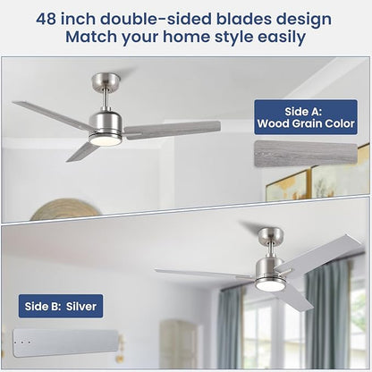 Newday 48 Inch Brushed Nickel Ceiling Fan with Light & Remote - Noiseless Reversible DC Motor, Dimmable 3CCT, 6-Speed with Timer, 3 Blades for Indoor/Covered Outdoor Use (ETL Listed)