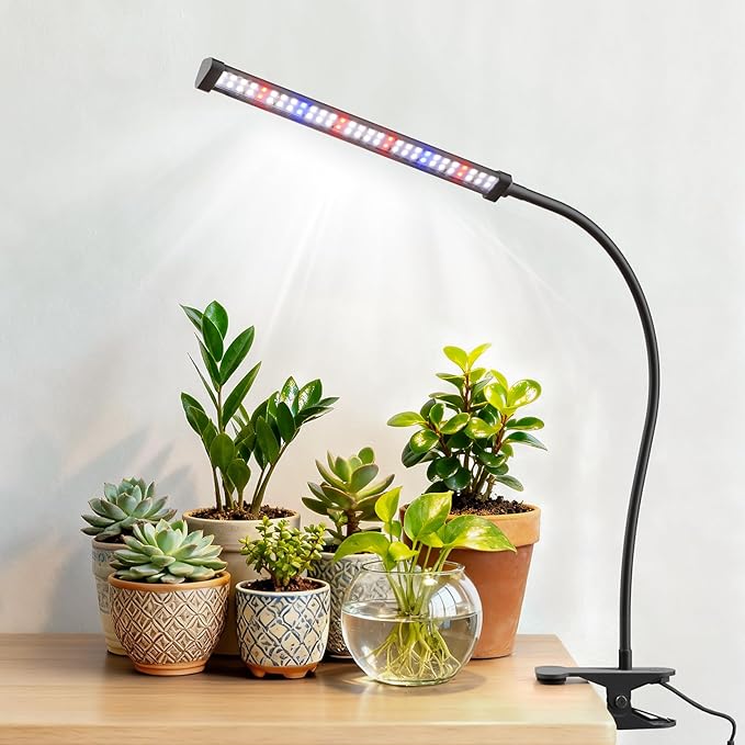 LED Grow Light, 5700K Full Spectrum Clip Plant Growing Lamp with Red Blue White LEDs for Indoor Plants, 5-Levels Dimmable, Auto On Off Timing 4/8/12/18Hrs(Single Head)