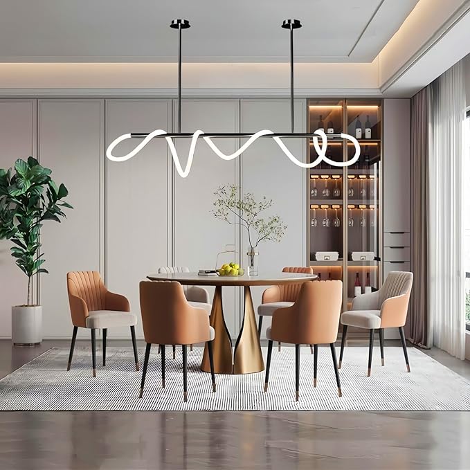SMG Modern LED Linear Pendant Light for Dining Room, Dimmable Black Kitchen Chandelier, 47" Linear DIY Chandelier with Remote Control Stepless Dimming, Restaurant Office Long Hose Lamp
