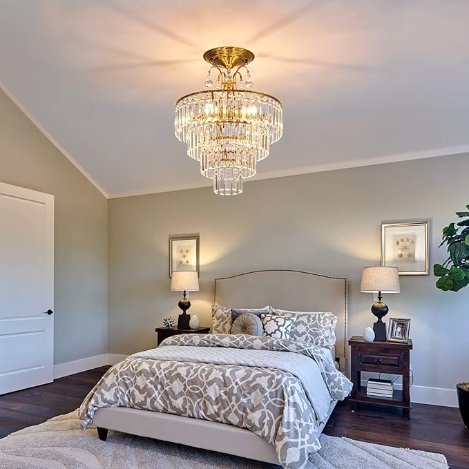 CVKASH 5 -Lights Crystal Gold Chandelier Fixture Modern Semi Flush Mount Ceiling Light with E12 Ceiling Lighting for Bedroom Living Room Kitchen Hallway Dining Room,D15.35 x H20.07