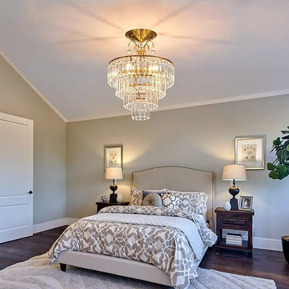 CVKASH 5 -Lights Crystal Gold Chandelier Fixture Modern Semi Flush Mount Ceiling Light with E12 Ceiling Lighting for Bedroom Living Room Kitchen Hallway Dining Room,D15.35 x H20.07