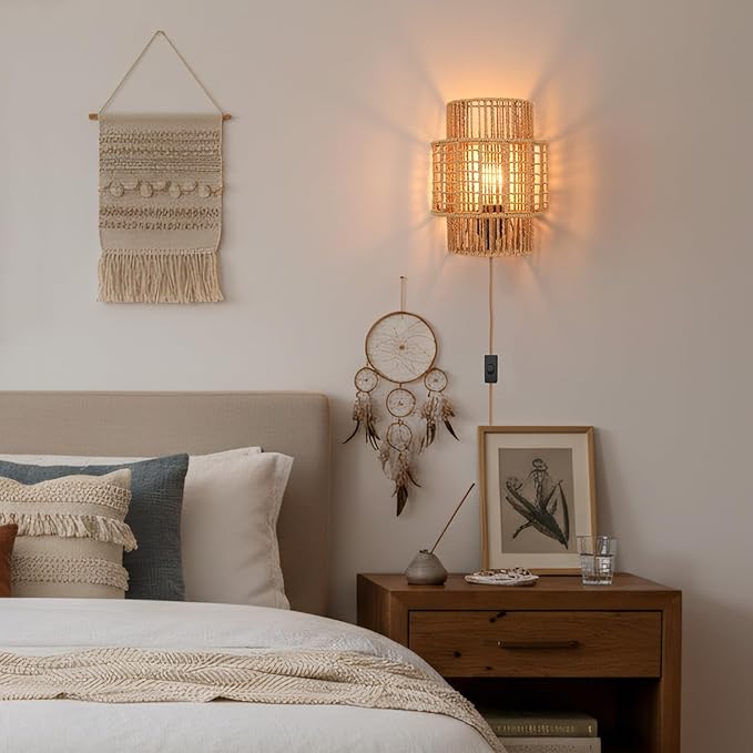 Plug-in Boho Wall Sconces Set of 2, Handwoven Rattan Wall Lights with On/Off Switch, Bohemian Light Fixtures for Bedroom, Living Room