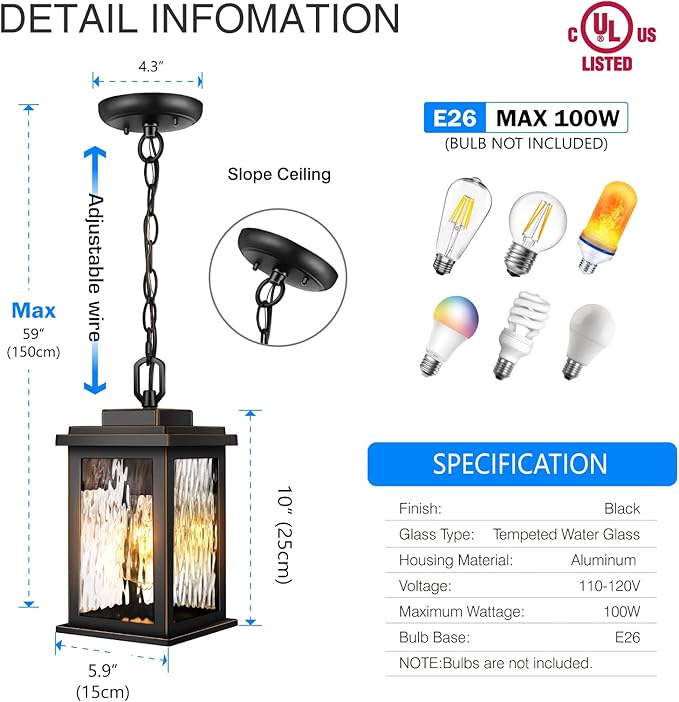 VIANIS Outdoor Pendant Light Fixture, Farmhouse Exterior Hanging Lights with Adjustable Chain, Anti-Rust Aluminum Frame with Temperate Water Glass, Hanging Lantern for Front Door Ceiling Entry Porch