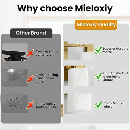 3-Light Square Bathroom Light Fixture, Gold Modern Vanity Light with White Marble Glass Shade, for Bathroom Mirror, Living Room, Bedroom, Hallway, E26 Base