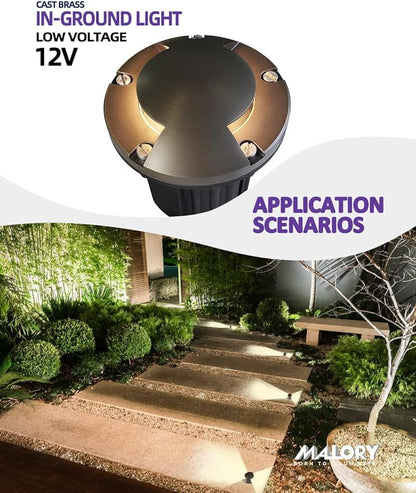 MALORY Brass Top Cover Landscape Well Lights,(5''H) 12V Low Voltage Outdoor In Ground Lights,Landscape Lighting for Pathway, Driveway and Garden (Two-Direction Turret, 1-Pack with Bulb)