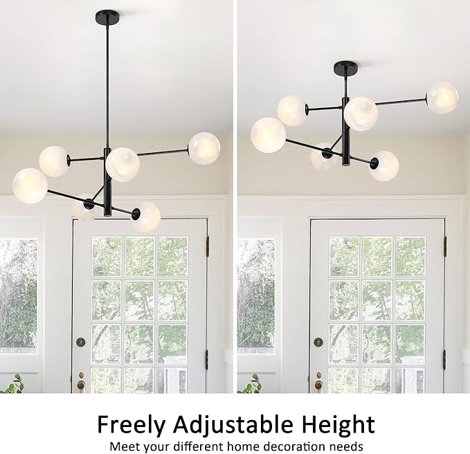 Mid Century 6-Lights Globe Milky Handcrafted Marble Glass Chandelier for Living Room Modern Black Chandelier Light Fixture Dining Room Chandelier Over Table Foyer Bedroom Kitchen Island