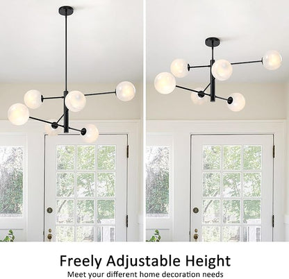 Mid Century 6-Lights Globe Milky Handcrafted Marble Glass Chandelier for Living Room Modern Black Chandelier Light Fixture Dining Room Chandelier Over Table Foyer Bedroom Kitchen Island