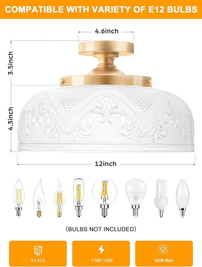 Semi Flush Mount Ceiling Light, 12 Inch Large Gold Ceiling Light Fixture, 3-Light Globe White Glass Farmhouse Kitchen Lighting Fixtures for Bathroom, Hallway, Dining Room (Bulb Not Included)