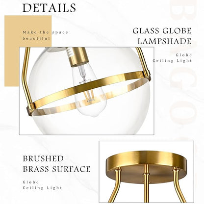 Bagood 10" Semi Flush Mount Ceiling Light with Clear Glass Shade Mid Century Ceiling Light Modern Gold Globe Semi Flush Mount Ceiling Light Fixture for Bedroom Hallway Bathroom Foyer (Bulb Incl.)