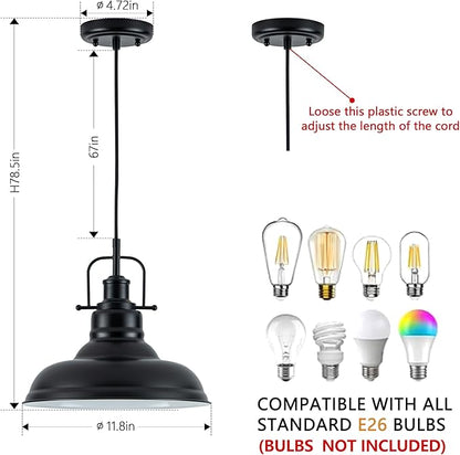 Zlepmlla Famrhouse Pendant Light, Black Pendant Light Fixture with Metal Dome Shade, Adjustable Height Hanging Light for Kitchen Island, Living Room, Bedroom