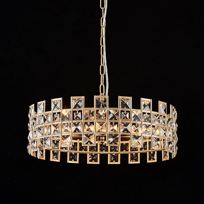 CATINER Gold Crystal Chandelier 18'' Round, Modern 6-Light Semi Flush Mount Ceiling Light, Adjustable Hanging Crystal Pendant Light with G9 Base for Kitchen Island, Dining Room, Bedroom, Entryway