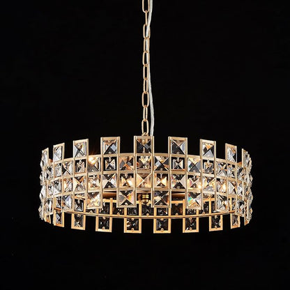 CATINER Gold Crystal Chandelier 18'' Round, Modern 6-Light Semi Flush Mount Ceiling Light, Adjustable Hanging Crystal Pendant Light with G9 Base for Kitchen Island, Dining Room, Bedroom, Entryway