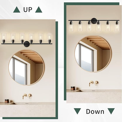 6 Lights Bathroom Vanity Light Fixtures Matte Black,Rustic Farmhouse Vanity Lighting Over Mirror Modern Industrial Lamp with Cylinder Glass Shade UL Certified