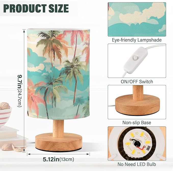 Bedside Table Lamp Palm Trees Colorful Nightstand Lamp with Wood Desk Lamps for Bedroom Living Room Nursery Office Home Decor